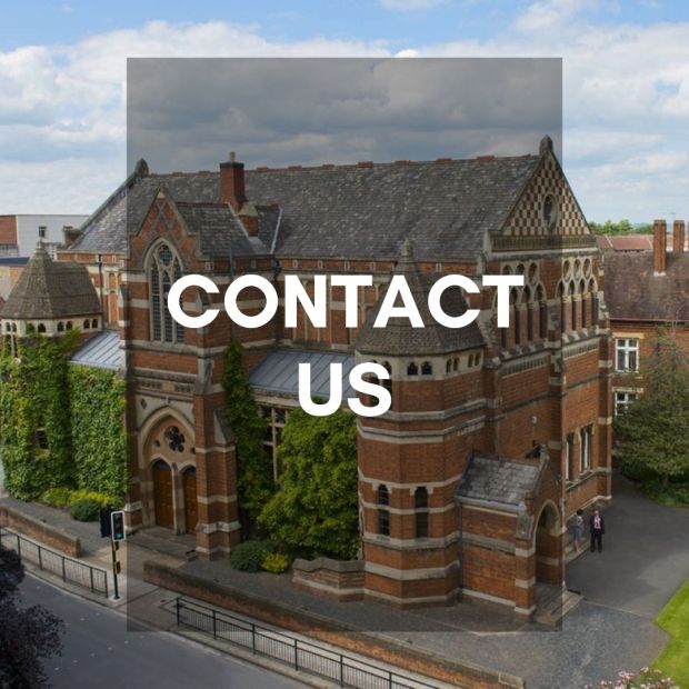 A picture of the exterior of the Macready Theatre building. White overlayed text reads Contact Us