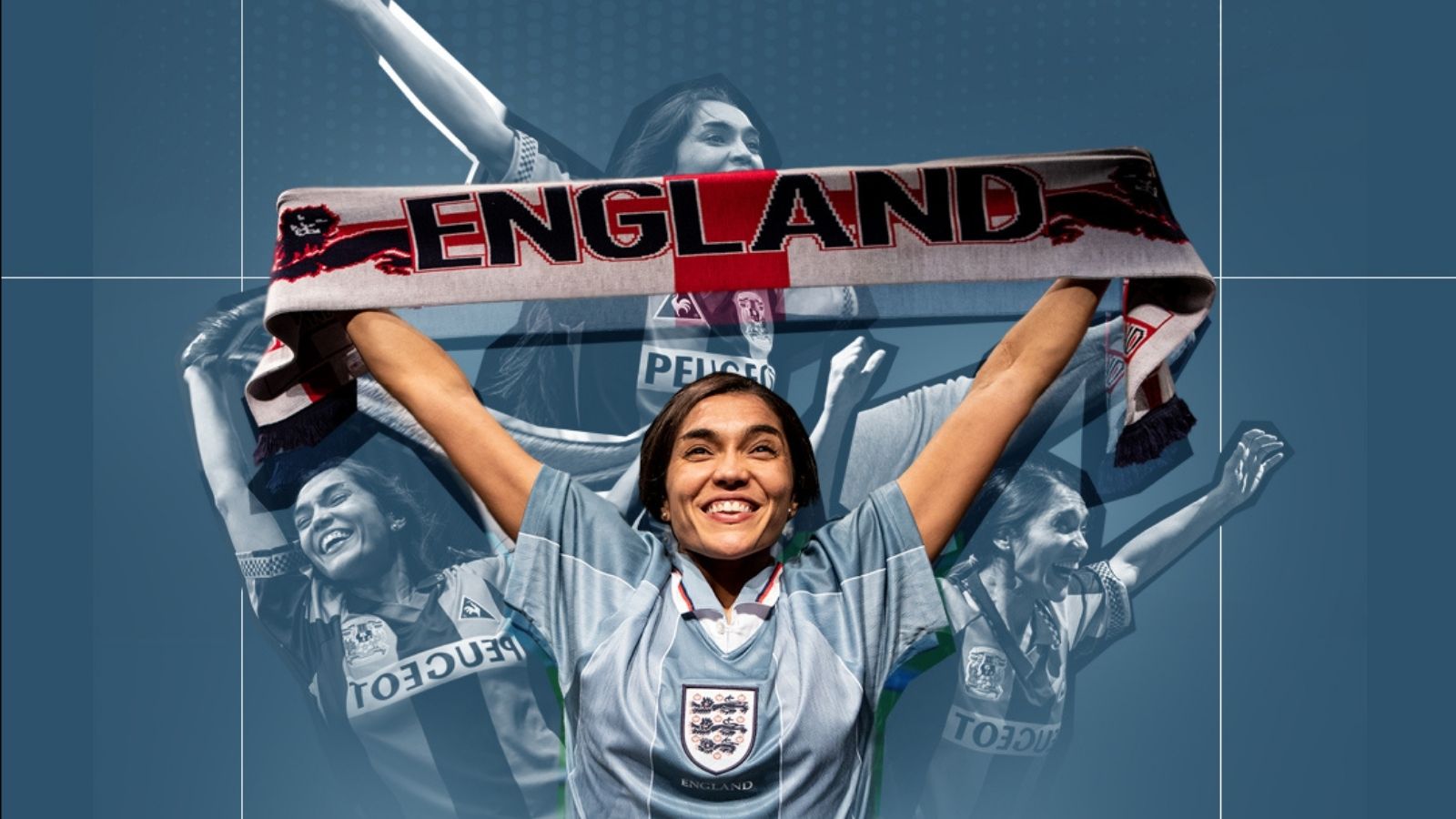A press photograph for the theatre show ENGERLAND shows performer Hannah Kumari smiling, wearing a blue England football kit, and holding an England scarf above her head. In the background are other images of Hannah Kumari celebrating.