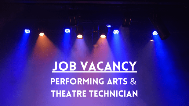 Photograph shows a lighitng rig with a mixture of purple and yellow spotlights. Text reads Job Vacancy Performing Arts and Theatre Technician